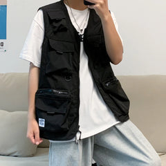 HEARUJOY - Beach Holiday Green Men Cargo Vest Multi-pocket Sleeveless Vest Loose Fit Waistcoat Good For Vacation Polyester Fabric