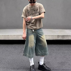 HEARUJOY - Summer Trend Denim Cropped Trousers Mens American Hip Hop Washed Wide Leg Shorts Unisex High Street Straight Cowboy Mid Pants