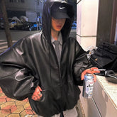 Hearujoy High Street Black Color Pu Leather WIndbreaker Coat Mens and Women Cleanfit Casual Loose Zipper Hooded Jackets Oversized