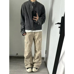 HEARUJOY - Punk Gray Denim Jacket Men's American Retro Heavy Industry Coat Metal Design Stand Collar Old Washed Short Spliced Street Jacket