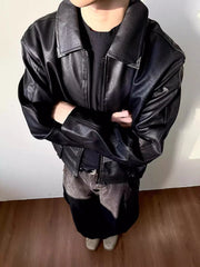 HEARUJOY - Vintage Slim PU Leather Jackets Mens Streetwear Fashion Zip-up Turn-down Collar Coats Men Clothing Fall Winter Casual Outerwear