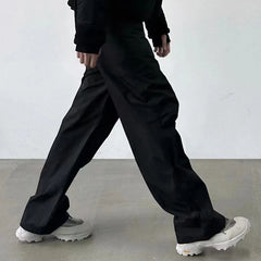 Hearujoy Nylon Quick Dry Pleated Knee Wide Leg Baggy Cargos Men's Drawstring Waist Straight Casual Trousers Y2K Oversized Loose Pants