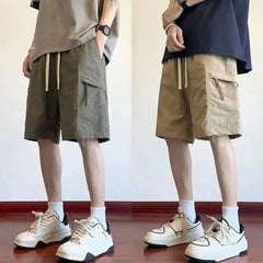 HEARUJOY - Wide Mens Cargo Shorts Baggy Over Knee Solid Elastic Waist Loose with Draw String Short Pants for Men Pockets High Quality V