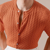 HEARUJOY - Summer Tencel Cotton Jacquard Knit Cardigan Men's Short Sleeve Thin Round Neck Draped Casual Business T-Shirt Breathable Polo