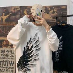 HEARUJOY - Dark Feather Wings Printed Round Neck Sweater Men's Fall Plus Size Plus Size Loose Pullover Versatile Top