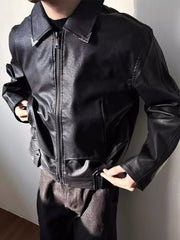 HEARUJOY - Vintage Slim PU Leather Jackets Mens Streetwear Fashion Zip-up Turn-down Collar Coats Men Clothing Fall Winter Casual Outerwear