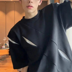 HEARUJOY - Brand New Shirt Fashion High Street Top Casual Summer Outfits Black Irregular Pattern O Neck Style Regular Length