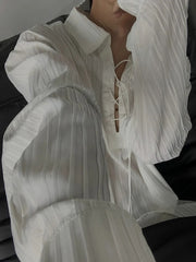 HEARUJOY - Vintage Drawstring Lace-up Lapel Shirt Mens Spring Autumn Fashion Long Sleeve Ribbed Polo Shirts Casual Textured Pullover Tops