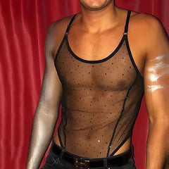Hearujoy Mens see-through diamond suspender T-shaped mesh jumpsuit nightclub sexy youthful trendy thin breathable tight jumpsuit for men