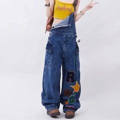 Hearujoy y2k letter embroidery all-match denim overalls women's summer retro loose slim fashion retro wide-leg jumpsuit women's clothing