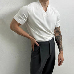 HEARUJOY - Summer New Men's Solid Color V-Neck T-Shirt American Retro Fashion Trend Simple Casual Loose Breathable Niche 2025 Men's Tops