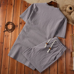 HEARUJOY - 5XL Summer Loose-fit Vintage Casual Cotton Linen Suit For Men Chinese Style Long Sleeve T-shirt Shorts Two-piece Set