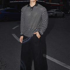 HEARUJOY - Stylish Striped Textured Polo Shirts Mens Vintage Hollow Out Knitted Tops Men Spring Autumn Casual Breathable Knitting Pullover