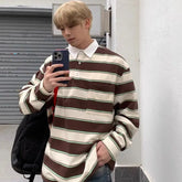 Hearujoy American Patchwork Contrasting Polo Shirt Men's Loose Spring Autumn Korean Casual Versatile Retro Striped Long Sleeved T-shirt