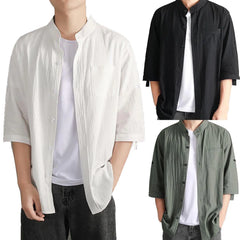 HEARUJOY - Loose Roll-Up Sleeves Men'S Button Down Shirt Men Fashion Spring Summer Casual Short Sleeve Turndown Neck Roupas Masculinas