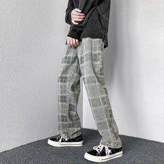 Hearujoy Plaid Jeans Denim Pants Men Korean Wide Leg Checked Trousers Male Distressed Streetwear Bottoms Harajuku Vintage