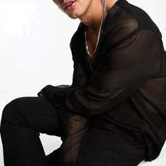 Hearujoy Mens Autumn Perspective Mesh V-Neck Long Sleeve Mesh T-Shirt Genderless Elastic Sexy Fashion Slim Fit Breathable Top Unisex