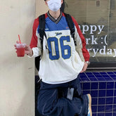 Hearujoy Mens Pullover Sports American Retro Splicing Letter Embroidery Jersey Varsity Casual Streetwear Easy Fit Trendy Long Sleeve Top