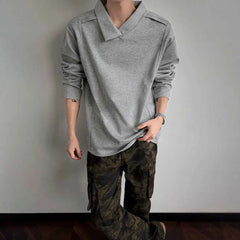 HEARUJOY - Autumn New Male Solid Color Irregular Long-Sleeved T-Shirt American Retro Fashion Trend Street Loose Casual Niche Men's Top