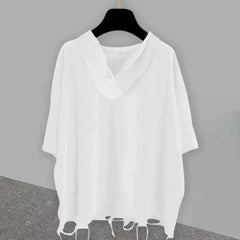 Hearujoy Mens Bat Sleeve Ripped Casual Hooded Top 2024 New Genderless Fashion Personality Solid Color Loose Short Sleeved T-Shirt Unisex