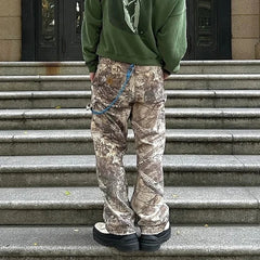 Hearujoy Streetwear Trees Print Camouflage Baggy Jeans for Men and Women Patchwork Washed Casual Denim Trouses Oversized Loose Cargos