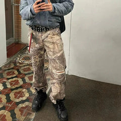 Hearujoy Streetwear Trees Print Camouflage Baggy Jeans for Men and Women Patchwork Washed Casual Denim Trouses Oversized Loose Cargos