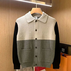 HEARUJOY - Patchwork Knitted Cardigan Sweater Autumn Winter Men's Matching Color Casual Loose Knitwear Fashion Sweaters Warm Coat Versatile