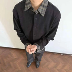 HEARUJOY - Autumn Men's Fake Two-Piece Stitching Long-Sleeved Jacket American Retro Fashion Trend High Street Casual Loose Niche Men's Tops