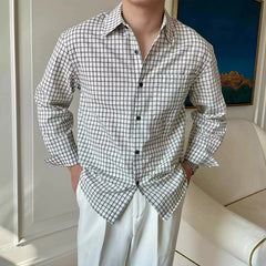 HEARUJOY - New American Retro Men Shirts Light Luxury Textured Lapel Plaid Long Sleeve Cardigan Leisure Trendy Premium Check Blouse M-2XL