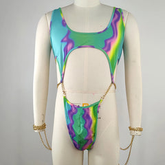 Hearujoy Men Nightclub Jumpsuit Colorful Printed Chain T Shaped Jumpsuit Sexy Lingerie Fetish Nightwear Bodysuit Siamese Underwear