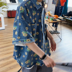 HEARUJOY - Summer Men Vintage Denim Shirts Short Sleeve Floral Printed Blouse Casual Loose Male Jean Coats Single-breasted Pocket Tops