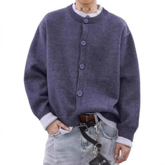 HEARUJOY - American Retro College Style Button up Cardigan Sweater Men Autumn Winter Lazy Trendy Loose Knitwear Fine Yarn Other Material