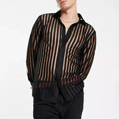 Hearujoy Mens See-Through Sexy Shirt Genderless Nightclub Print Loose Casual Striped Mesh Fashion Trendy Long-Sleeved Shirt Unisex