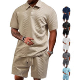 HEARUJOY - Men's Summer New Jacquard Casual Sport Thin Lapel POLO Shirt Short-sleeved and Short-shorts Set