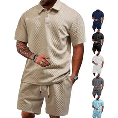 HEARUJOY - Men's Summer New Jacquard Casual Sport Thin Lapel POLO Shirt Short-sleeved and Short-shorts Set