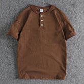 HEARUJOY - American Minimalist Tough Guy Style Mens Henry Neck Short Sleeved T-shirt 300G Washed Combed Cotton Comfortable Solid Color Tops