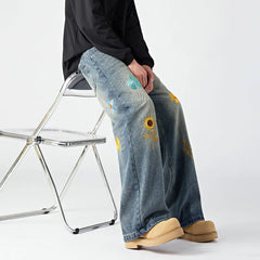 HEARUJOY - Hip Hop Trendy Jeans Mens Flower Embroidery Loose Straight Tube Cowboy Pants Size M-3XL Multiple Pockets Denim Trousers Male