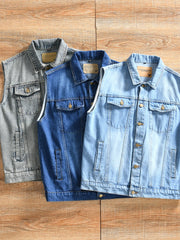 HEARUJOY - Heavy-Duty Washed Spring Men's Japanese Casual Lapel Denim Vest Sleeveless Tank Jacket Amekaji American Vintage