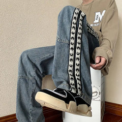 HEARUJOY - Ribbon Jeans Men Summer American Street Spring and Autumn Pants Retro Floor-length Wide-leg Pants High Street Straight Pants