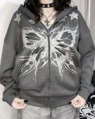 HEARUJOY - High street American y2k butterfly pattern print retro zipper hoodie women's casual loose and versatile couple goth sweatshirt