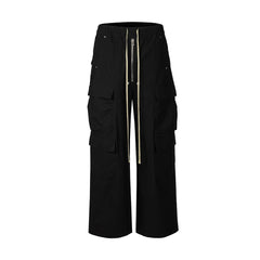Hearujoy Wide Leg Drawstring Black Cargo Pants Unisex Straight Baggy Casual Overalls Men's Streetwear Loose Oversized Trousers