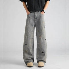 HEARUJOY - Hip Hop Straight Leg Jeans Mens 2025 Animal Pattern Printing Trend Loose Male Cowboy Pants Streetwear Unisex Denim Trousers