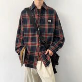 HEARUJOY - Autumn Long Sleeved Shirt Men Oversized Retro Casual Shirt Men Japanese Streetwear Loose Plaid Shirt Mens Vintage Shirts M-3XL