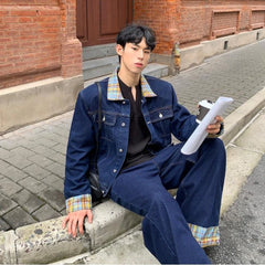 HEARUJOY - New Grid Retro Denim Two-piece Set Mens Lapel Color Blocking Street Cowboy Coats+Wide Leg Jeans Suits Hip Hop Trend Sets Unisex