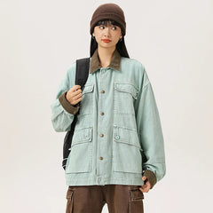 HEARUJOY - American Retro Heavyweight Washed Denim Jacket Multi-Pocket Workwear Coat with Contrast Collar Oversized Utility Streetwear