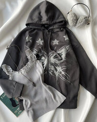 HEARUJOY - High street American y2k butterfly pattern print retro zipper hoodie women's casual loose and versatile couple goth sweatshirt