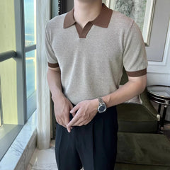 HEARUJOY - Men's Color Matching Knitted Short-Sleeved Polo Shirt American Retro Fashion Trend Loose Casual Breathable Summer Men's Tops