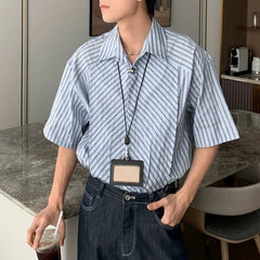 HEARUJOY - Men Shirt Striped Patchwork Lapel Short Sleeve Button Men Clothing Streetwear Korean Style Loose Fashion Casual Tops Men
