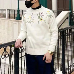 Hearujoy Mens Floral Embroidered Knitted Sweater 2024 New Genderless Fashion Youth Trend Versatile Simple Retro Knitted Sweater Unisex