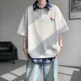 HEARUJOY - Dog Embroidery Plaid Polo Short Sleeve T-Shirt 2025 Summer Retro Couple T-shirts Splicing Fake Two Pieces Simple Tops